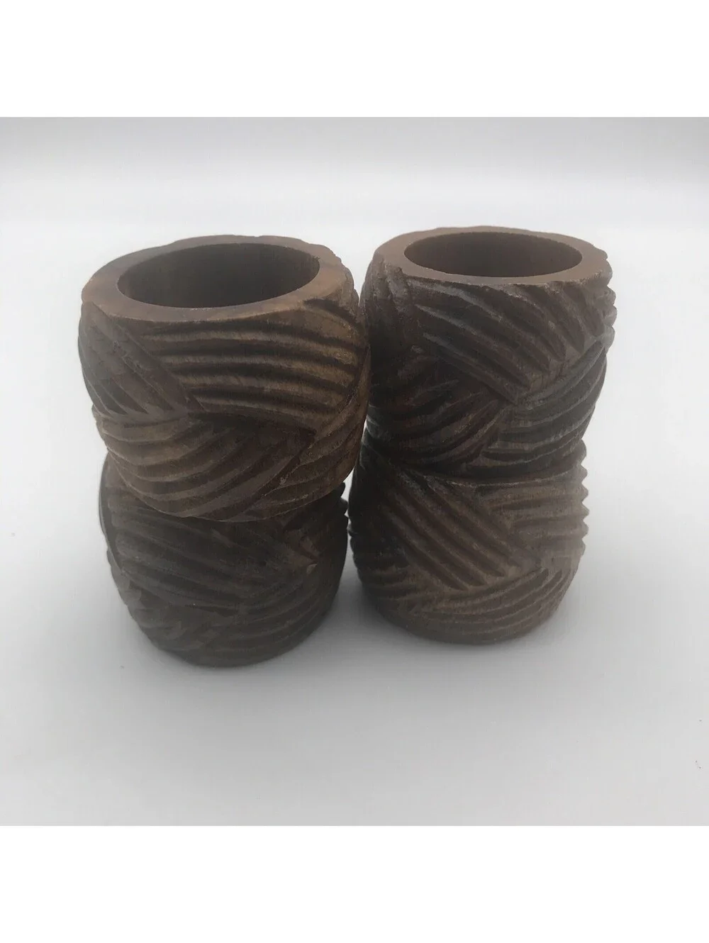 Vintage Carved Wooden Napkin Rings Holders Made In Philippines Ribbed Wave Wood